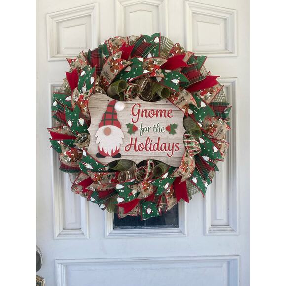 Gnome for the Holidays Deco Mesh Ribbon Christmas Wreath Front Door Hanger - Picture 1 of 7